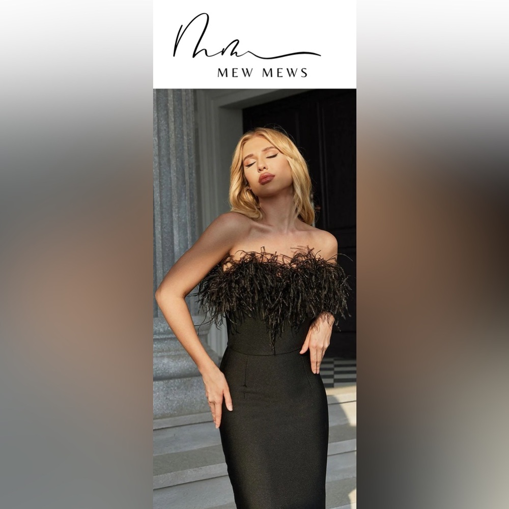 BRAND NEW! Black Mina Strapless Feather Trimmed Bandage Dress